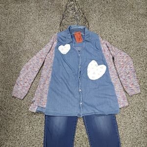 Women's Denim Button Down Shirt with Heart Patches